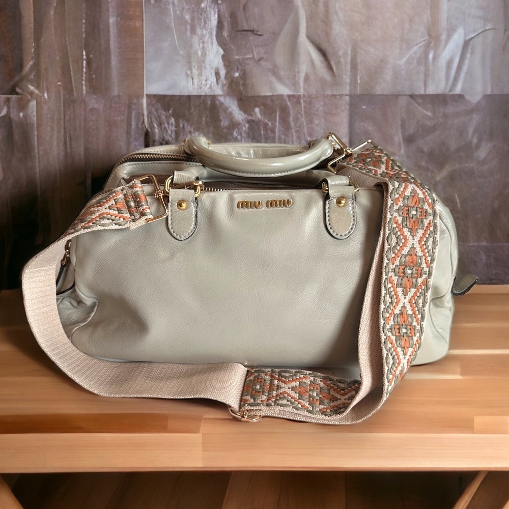 MIU MIU TWO WAY bowler satchel leather bag in bone color *custom* good cond 075H